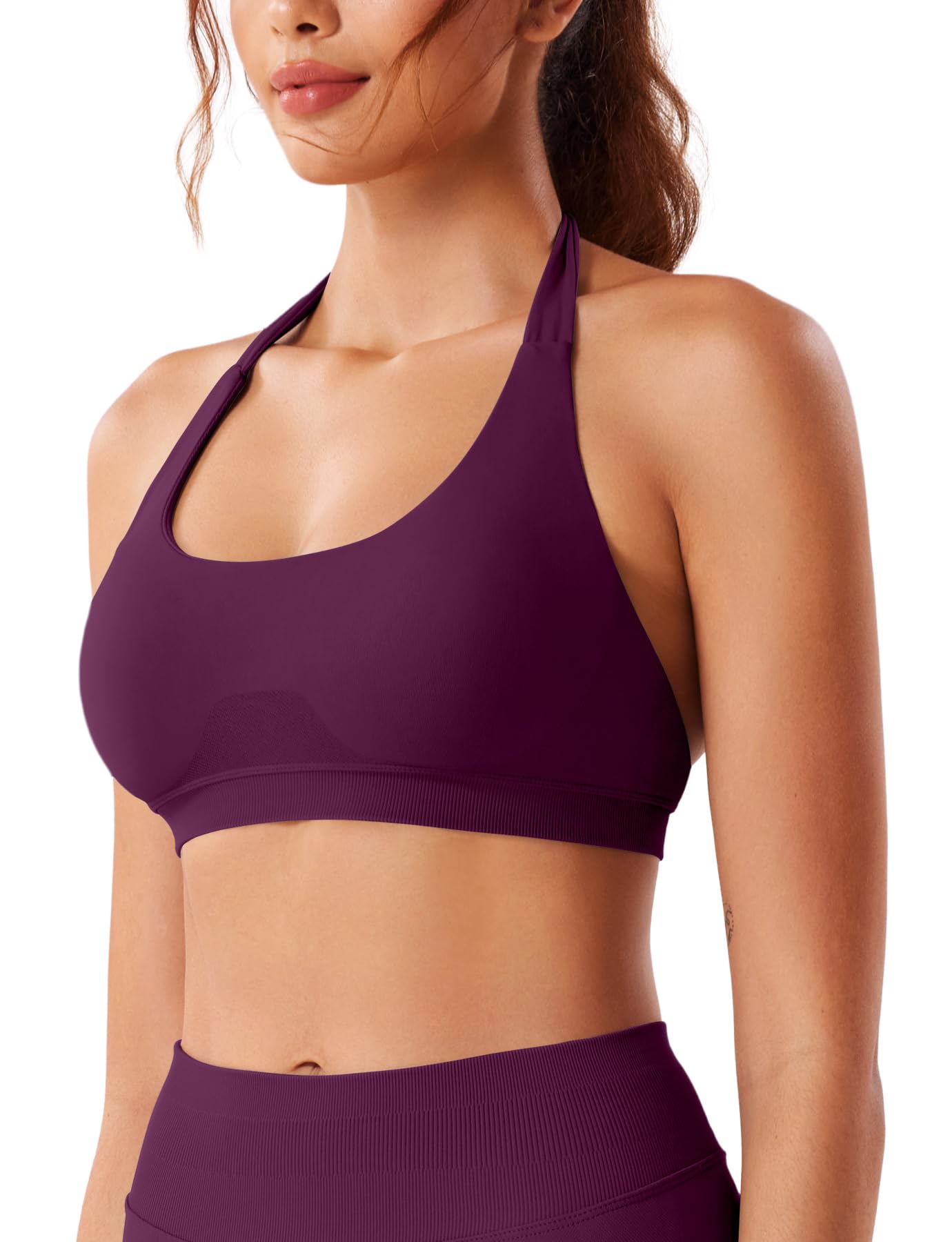 VOYJOY Women Workout Impact Bras Medium Low Support Halter Sports Bras Seamless Open Back Gym Padded Yoga Crop Top Black Cherry S