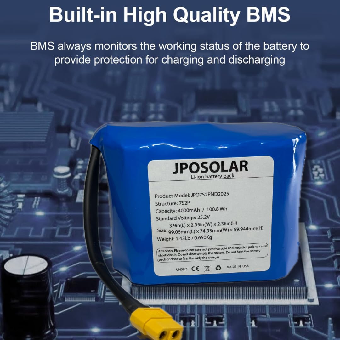 JPOSolar 18650 Lithium-ion Battery Pack 25.2V 4Ah 7S2P/100.8Wh Rechargeable Battery with XT60 Plug. The Battery can be Used in Any Device That Supports The Battery Specifications.