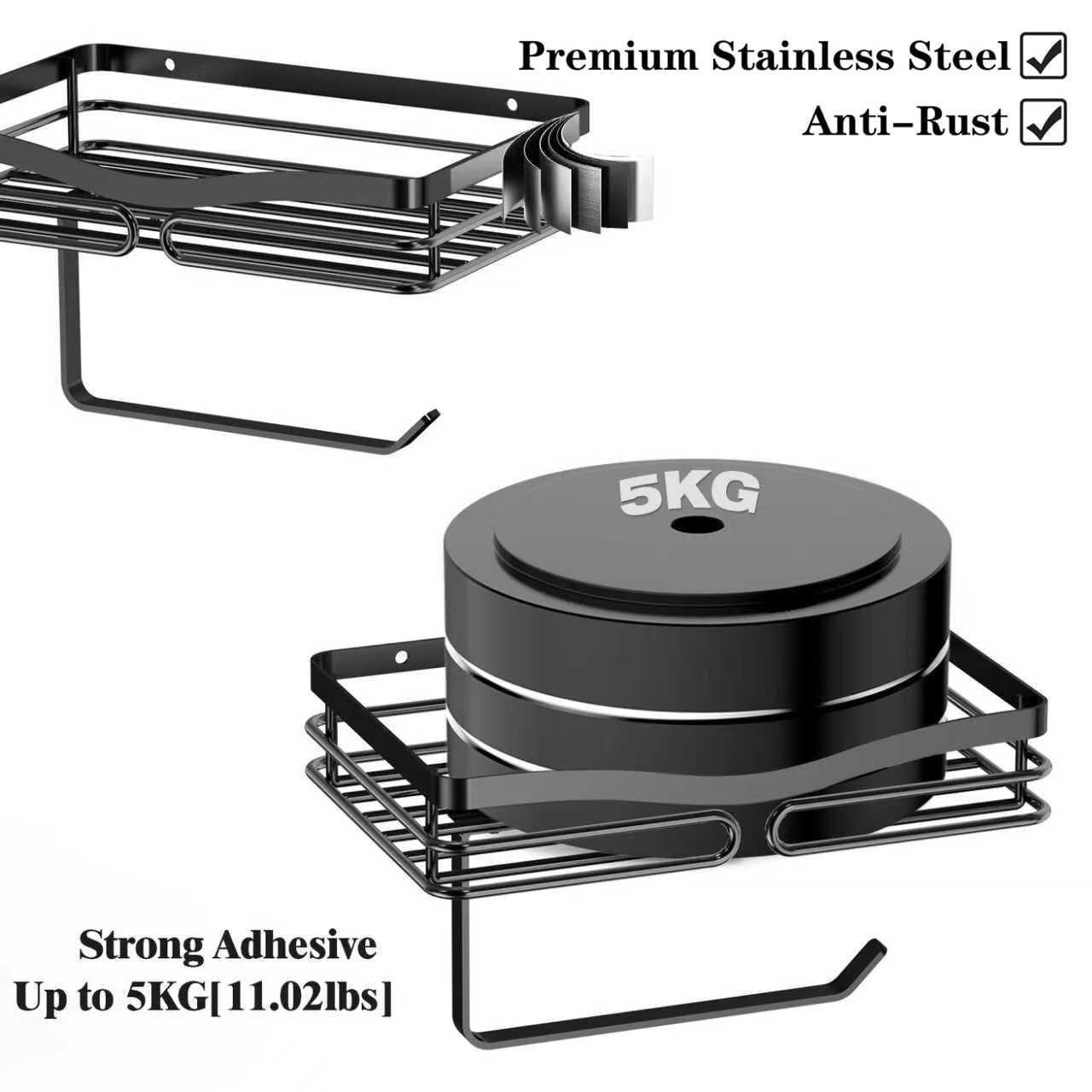 Adhesive Toilet Paper Holder Shelf - Wipes Storage Without Drilling, Stick on Toilet Paper Roll Holder, Waterproof Black