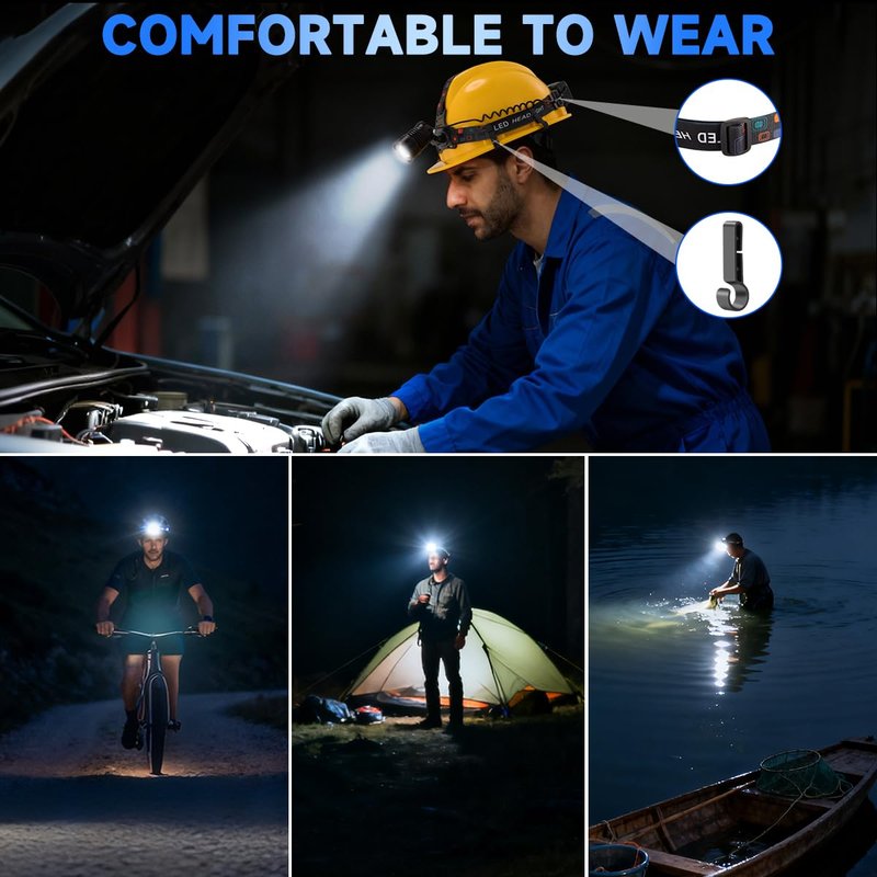 Rechargeable Headlamp High Lumen, 3000L Super Bright Head Lamp, 90° Rotatable Head Lights for Forehead, Adjustable Focus Headlight Flashlight, 4Modes LED Headlamps for Adults Hardhat Camping (2Pack)