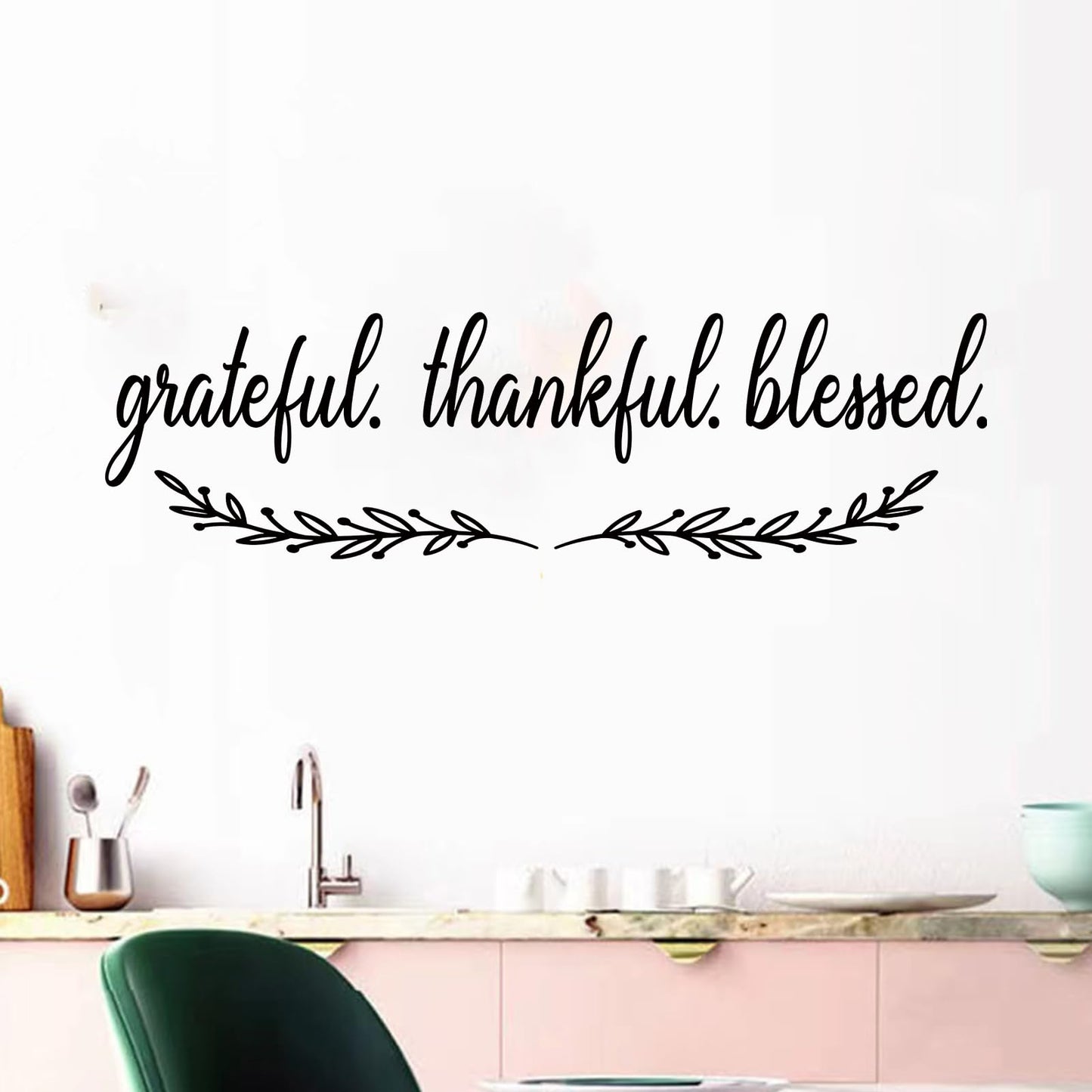 Inspirational Quotes Wall Stickers for Kitchen: Home Inspirational Pantry Dining Room Vinyl Art Wall Decals - Family Wall Decor - Grateful Thankful Blessed 25" X 7"