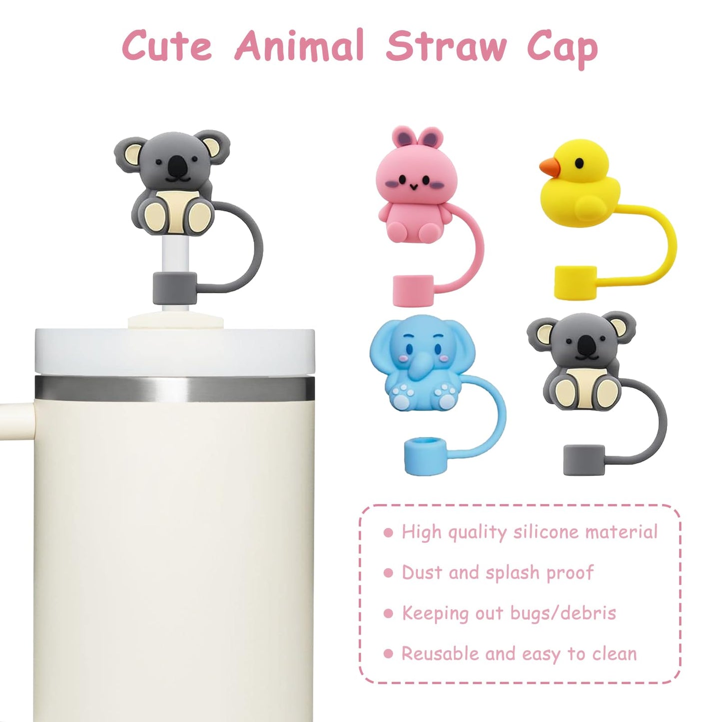 4 Pcs 0.4in Straw Cover for Stanley Cup, Silicone Straw Topper Set for 30&40oz Stanley Tumble, Fit for 10mm/0.4in Straws (Animal)