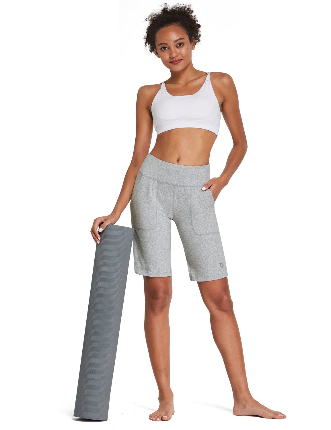 baleaf Women's Bermuda Long Shorts 10" Knee Length High Rise Athletic Shorts with Pockets Pull On Workout Walking Running Summer Light Gray L