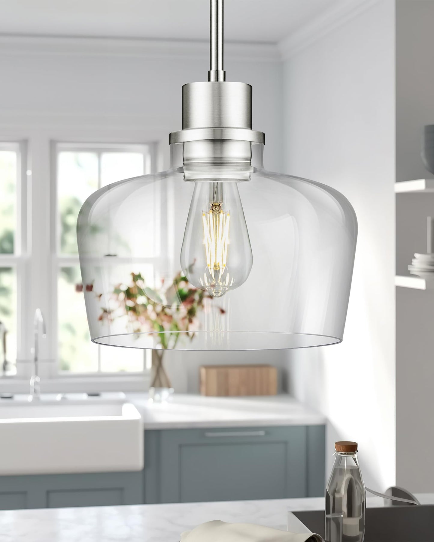 Emak 10 Inch Brushed Nickel Pendant Light, Modern Large Pendant Lights Kitchen Island, Hanging Lights with Clear Glass Shade for Kitchen, Dining Room, Entrance, PL126-BN-CG