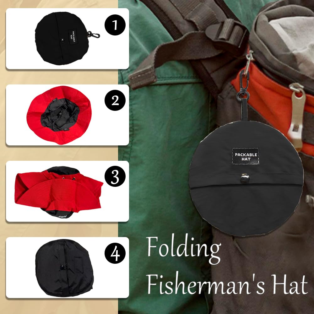 Foldable Bucket Hat for Men Women - Quick Dry Wide Brim Sun Hat with UPF 50+ UV Protection, Packable Breathable Cap for Travel, Hiking, Fishing & Beach（Black red）