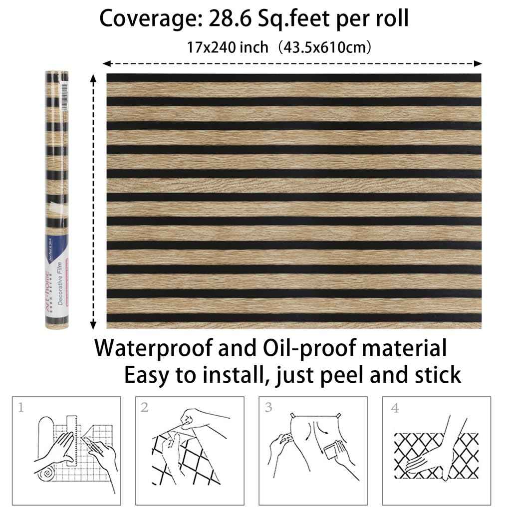 Arthome 17''x240'' Wood Slat Wallpaper,Peel and Stick Self Adhesive Wood Wallpaper PVC Vinyl Decorative Removable Wallpaper Waterproof Faux Wood Grating Stripe Contact Paper for Living Room Bedroom
