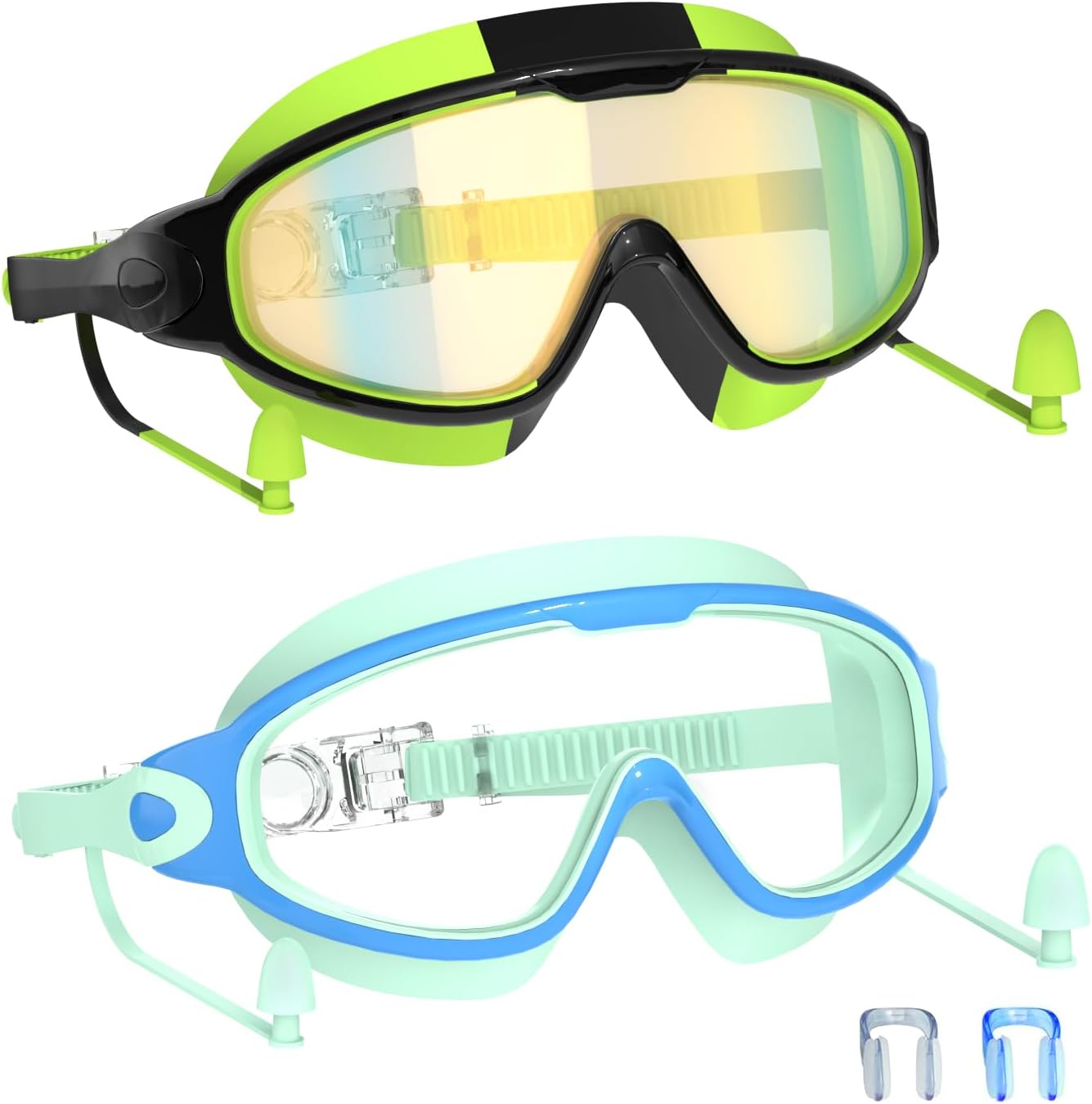 Skiennix Swim Goggles for Kids 3-15 | Anti-Fog & UV Protection | Large Frame with Earplugs - 2PCS