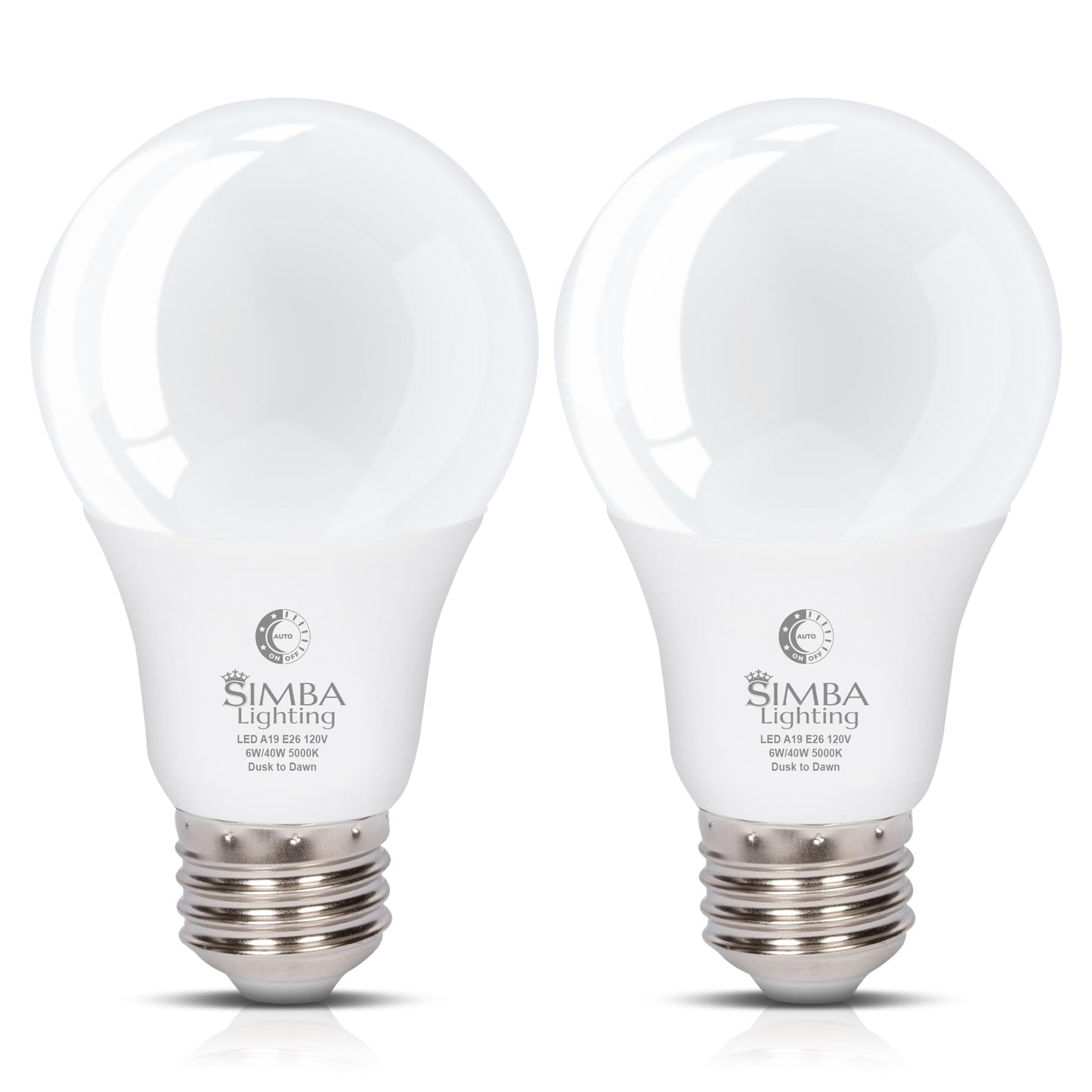 Simba Lighting LED Outdoor Light Bulbs with Photocell Sensor Dusk to Dawn Smart Auto On and Off (2 Pack) A19 6W 40W Replacement for Porch, Night Light, Garage Door, E26 Medium Base, 5000K Daylight