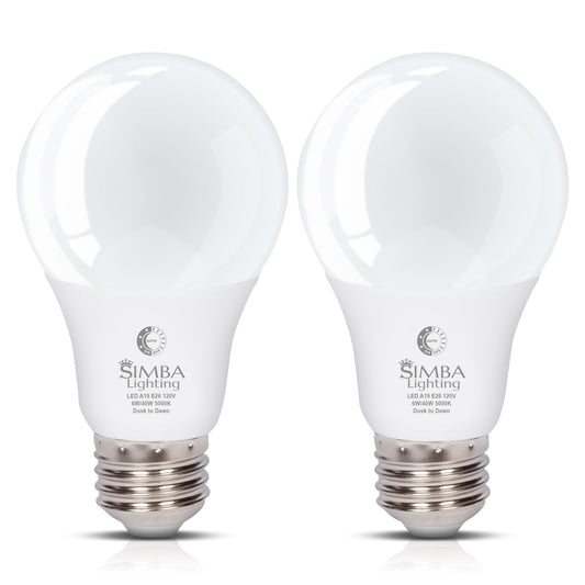 Simba Lighting LED Outdoor Light Bulbs with Photocell Sensor Dusk to Dawn Smart Auto On and Off (2 Pack) A19 6W 40W Replacement for Porch, Night Light, Garage Door, E26 Medium Base, 5000K Daylight