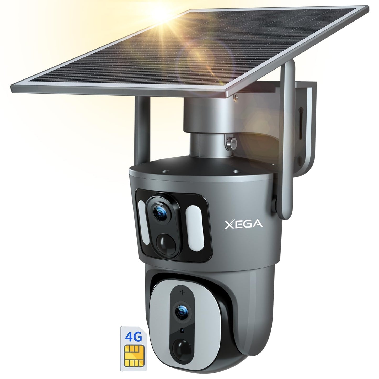 Xega 4G LTE Security Camera【Dual Lens】 No Wi-Fi Solar Cellular Security Camera Wireless Outdoor Built-in SIM Card 1080P 360° View PIR Detection Color Night Vision Two-Way Audio IP66 Waterproof