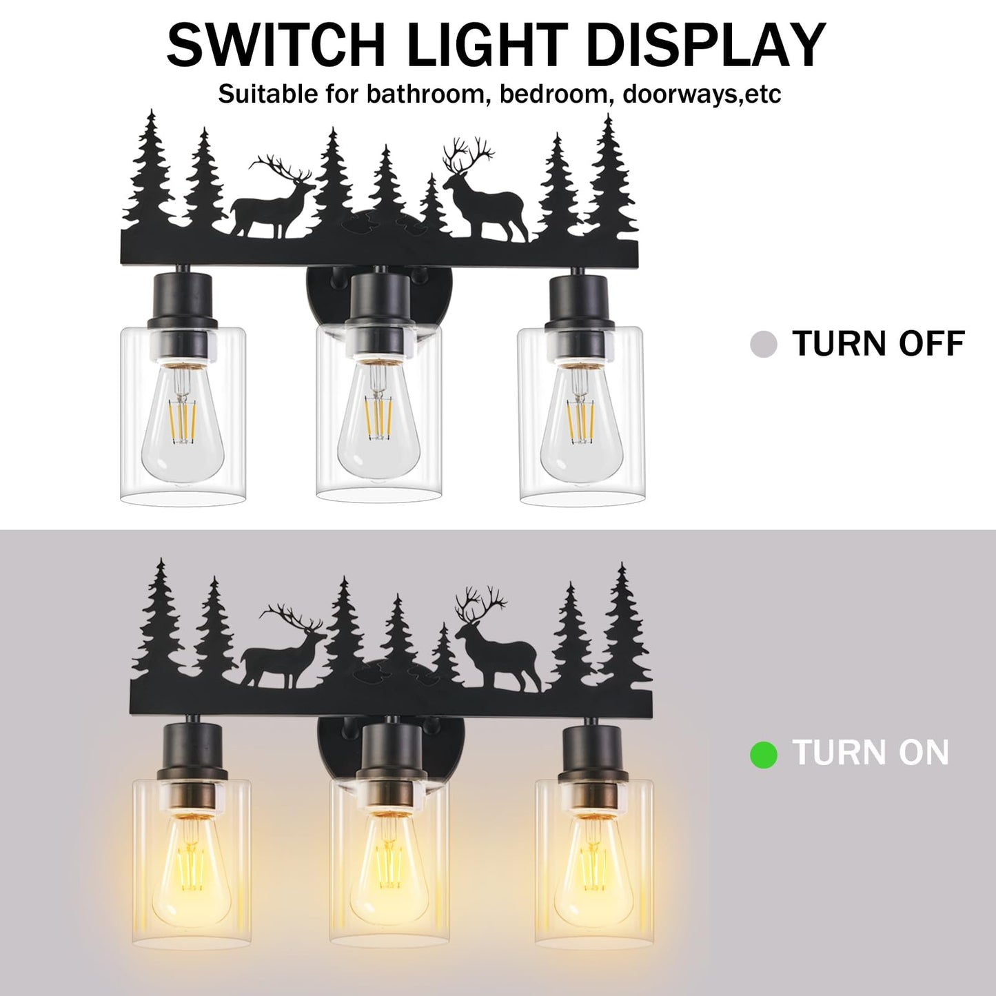 Monyohame Farmhouse Rustic Deer Bathroom Light Fixtures, 3-Light Black Vanity Lights with Clear Glass Shade, Wall Lamp for Bathroom, Living Room, Hallway, Kitchen, Cabnet, Porch