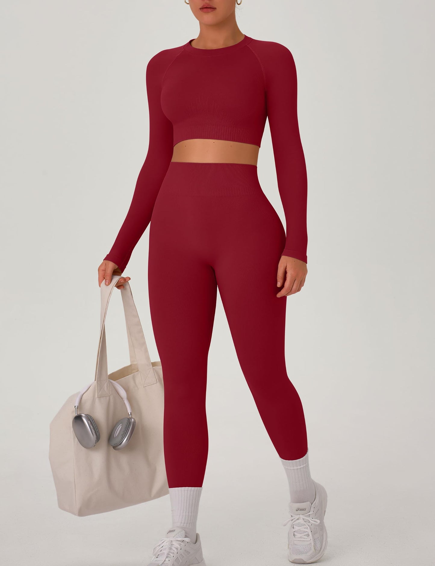 OLCHEE Womens Workout Sets 2 Piece Seamless Long Sleeve Crew Neck Crop Top Shirts Scrunch Butt Leggings Gym Yoga Outfits - Cherry Red Large