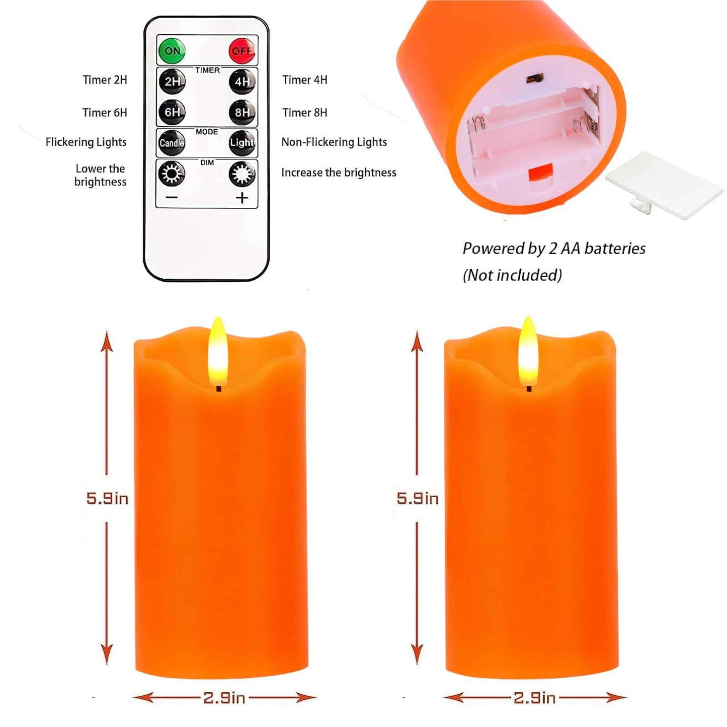 VEEKI Flameless Candles Light, Set of 2 6"x3" Flickering Fall LED Candles with Remote & Timer, Dimmable Pillar Candles Battery Operated, Orange Candles for Fall Halloween Thanksgiving Decor (Orange)