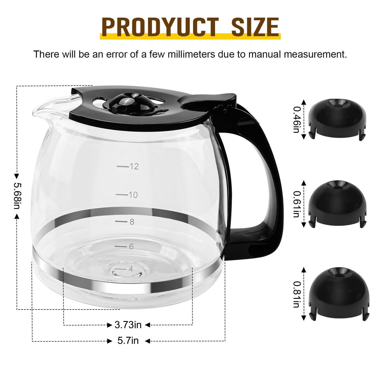 12 Cup Coffee Machine Glass Carafe Replacement for Mr. Coffee - With Heads Three Different Heights, Universal Carafe Coffee Maker Pot Accessory Easy Pour Spout and Comfortable Grip Handle,Black