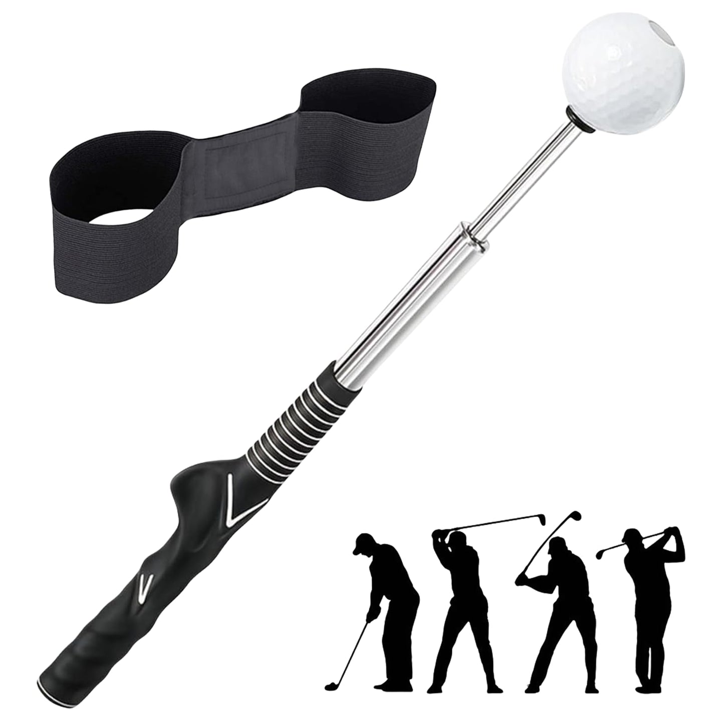 AVIKURA Retractable Golf Swing Trainer and Arm Band for Posture Correction, Right-Handed Golf Grip Training Aid for Warm-Up, Tempo, and Posture, Indoor/Outdoor Practice, Black