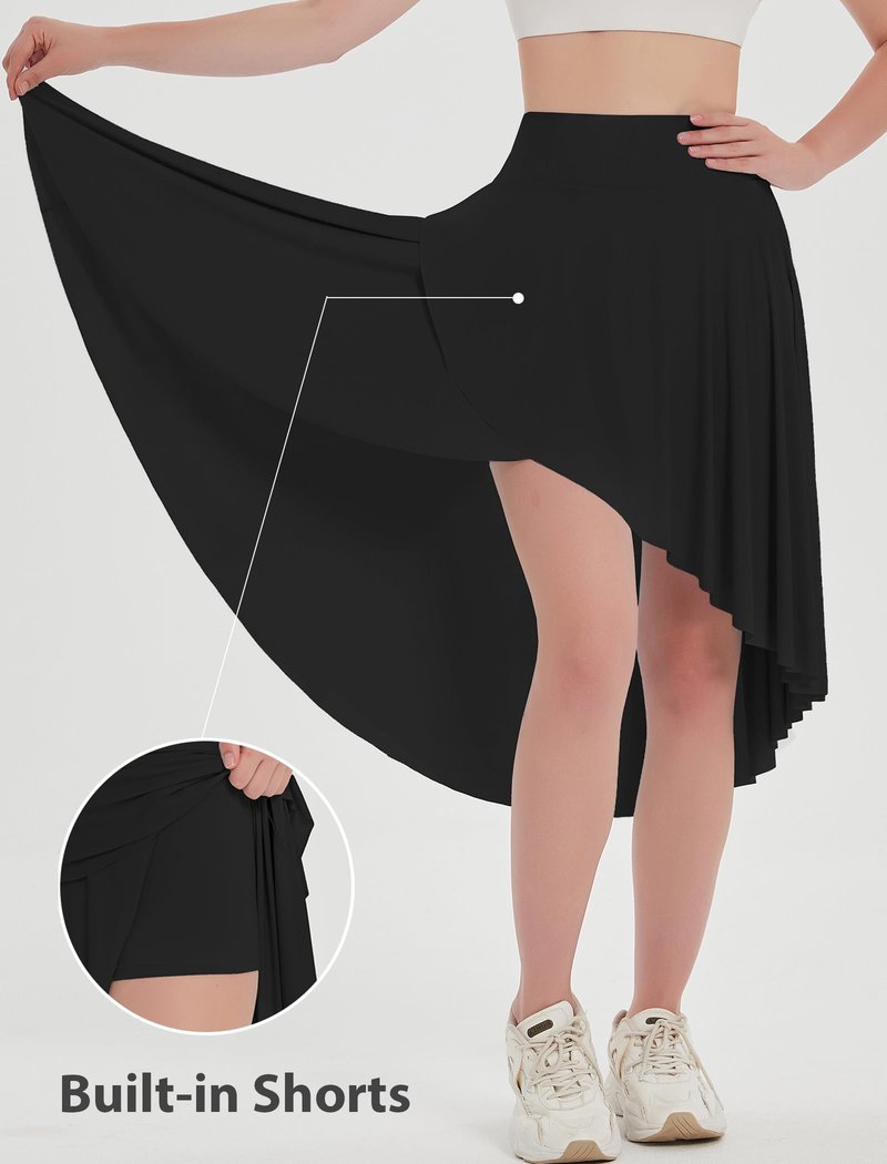 EXARUS Women Asymmetrical Midi Skirt Flowy High Low Dance Skorts with Underneath High Waisted Ruffle Casual Black S