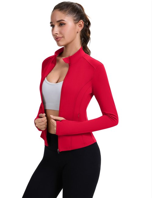 ZHENWEI Yoga Outfits for Women Zip Up Lightweight Cropped Jackets Athletic Long Sleeve Tight Running Clothes (Red, L)