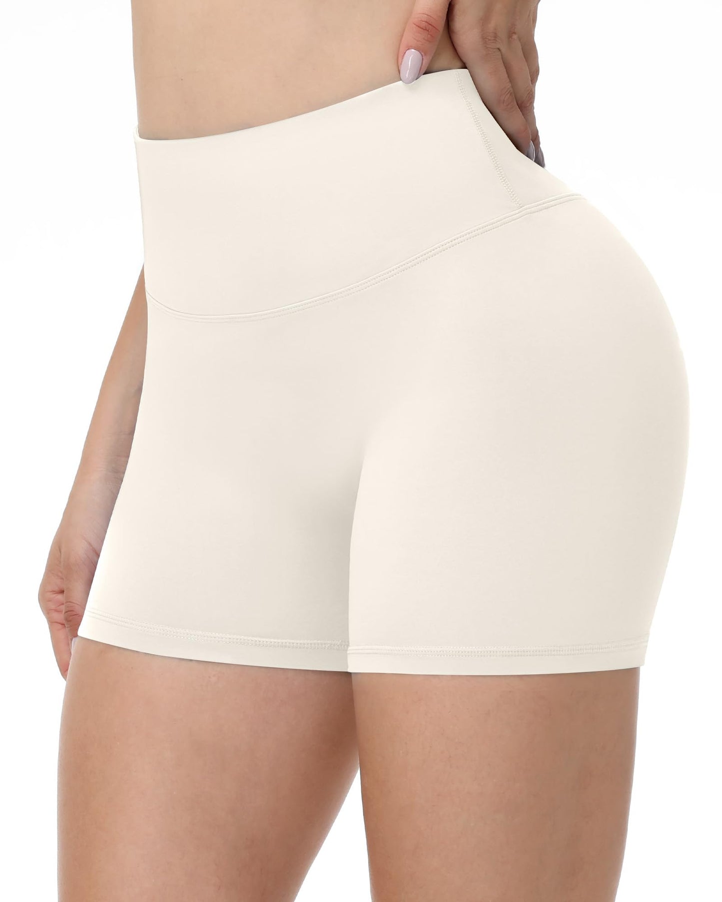 Runhit No Front Seam Biker Shorts for Women 3", High Waist Yoga Workout Gym Bike Shorts Cream Medium