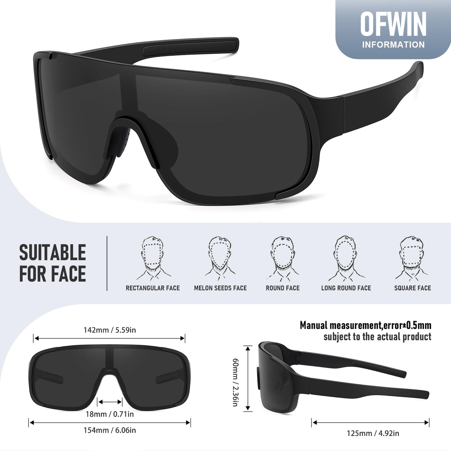 Ofwin Polarized Cycling Sports Sunglasses for Men Women UV Protection Fishing Bike Running Wrap Around Sun Glasses Matte Black/Gray