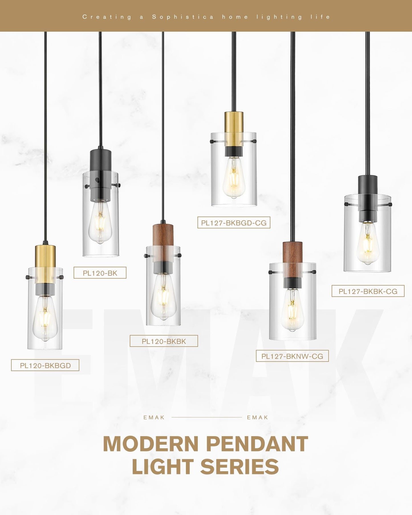 Emak 2 Pack Black and Gold Pendant Light,Modern 5 Inch Pendant Lights Kitchen Island with Clear Glass Shade, Farmhouse Kitchen Island Lighting for Dining Room, Bathroom, PL127-BKBGD-CG-2PK