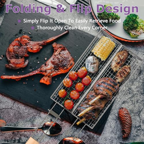 GAUYEBY 2PCS Rolling Grill Basket Set with Removable Handles, Octagon & Round Stainless Steel BBQ Nets for Meat, Shrimp, Vegetables