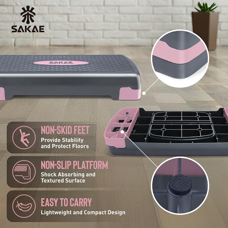 Adjustable Height Aerobic Stepper Set with Dumbbells & Kettlebell - Pink Grey