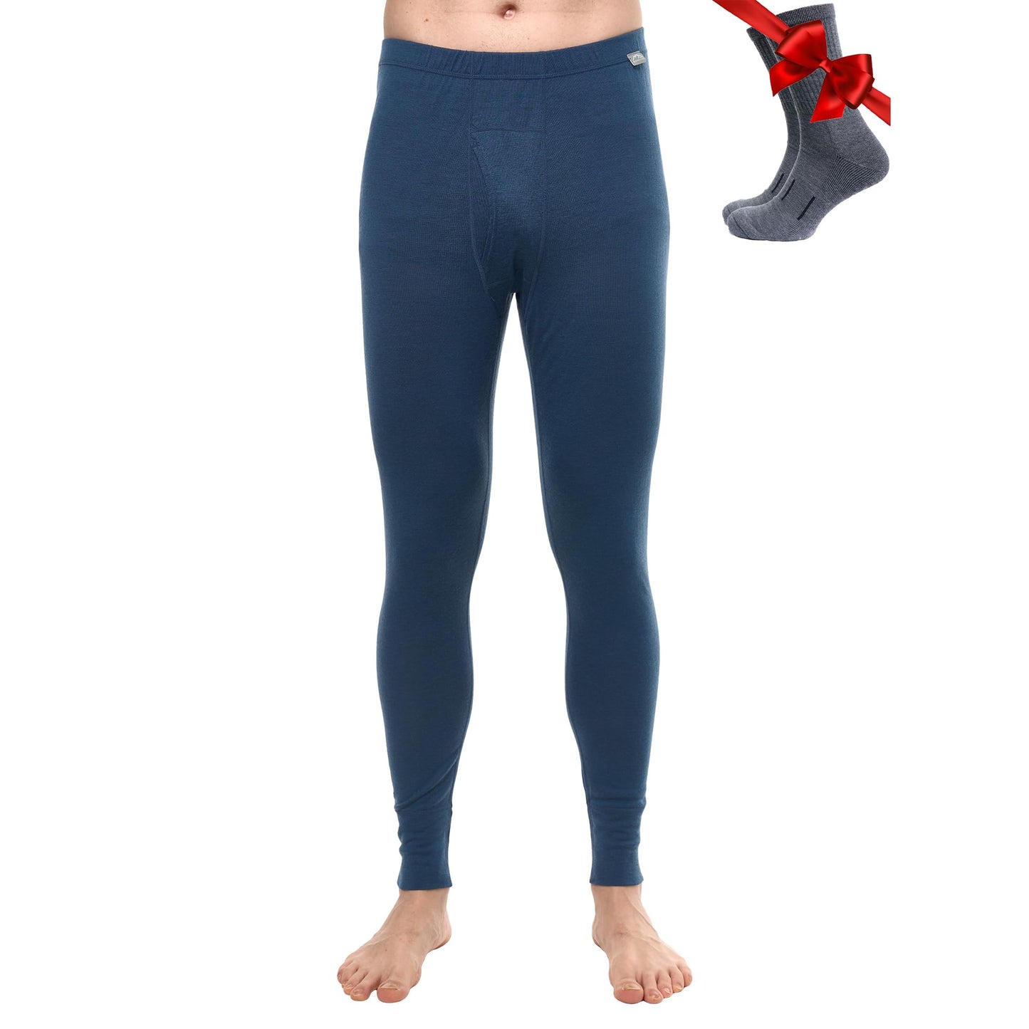 Merino Wool Base Layer Mens Bottom Pants 100% Merino Wool Heavyweight, Midweight, Lite Thermal Underwear Long Johns and Socks (X-Large, 250 Denim Blue)
