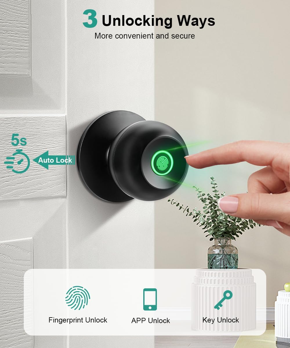 Smart Fingerprint Door Lock - Biometric Keyless Entry Knob with App Control for Home, Office & Garage