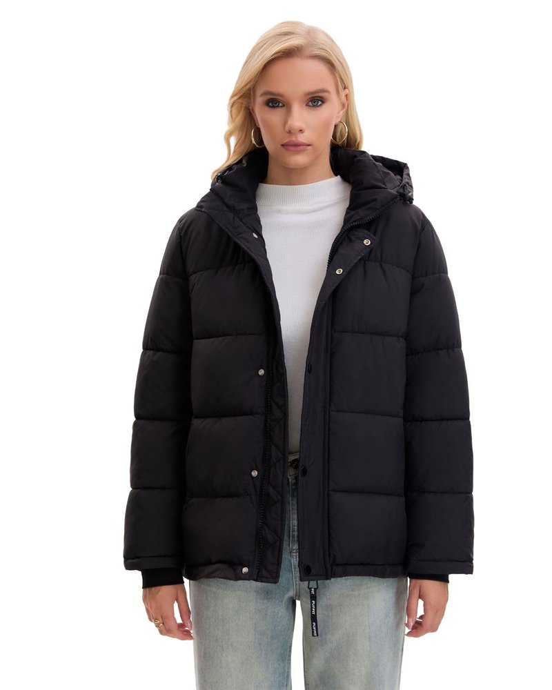 PUFFIT Women Mid Lenth Puffer Jacket, Warm Thicken Hooded Winter Coats, Windproof Long Sleeve & Hood,3 Pockets