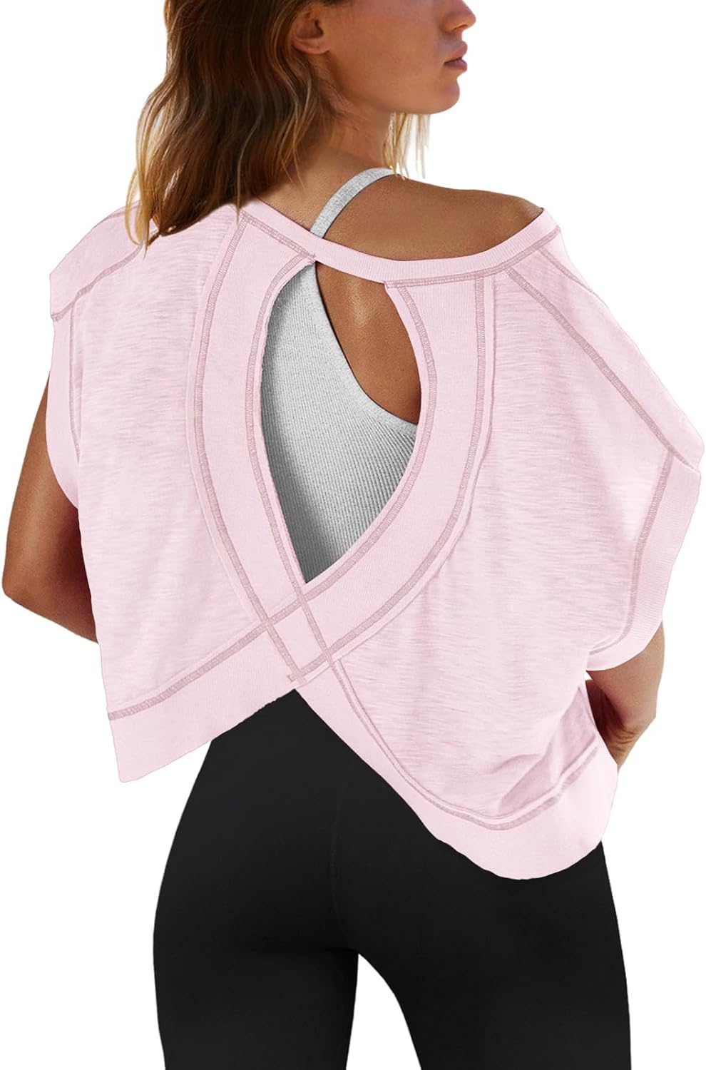 SENSERISE Women's Backless Workout Top - Short Sleeve Athletic Crop Tee for Yoga & Running