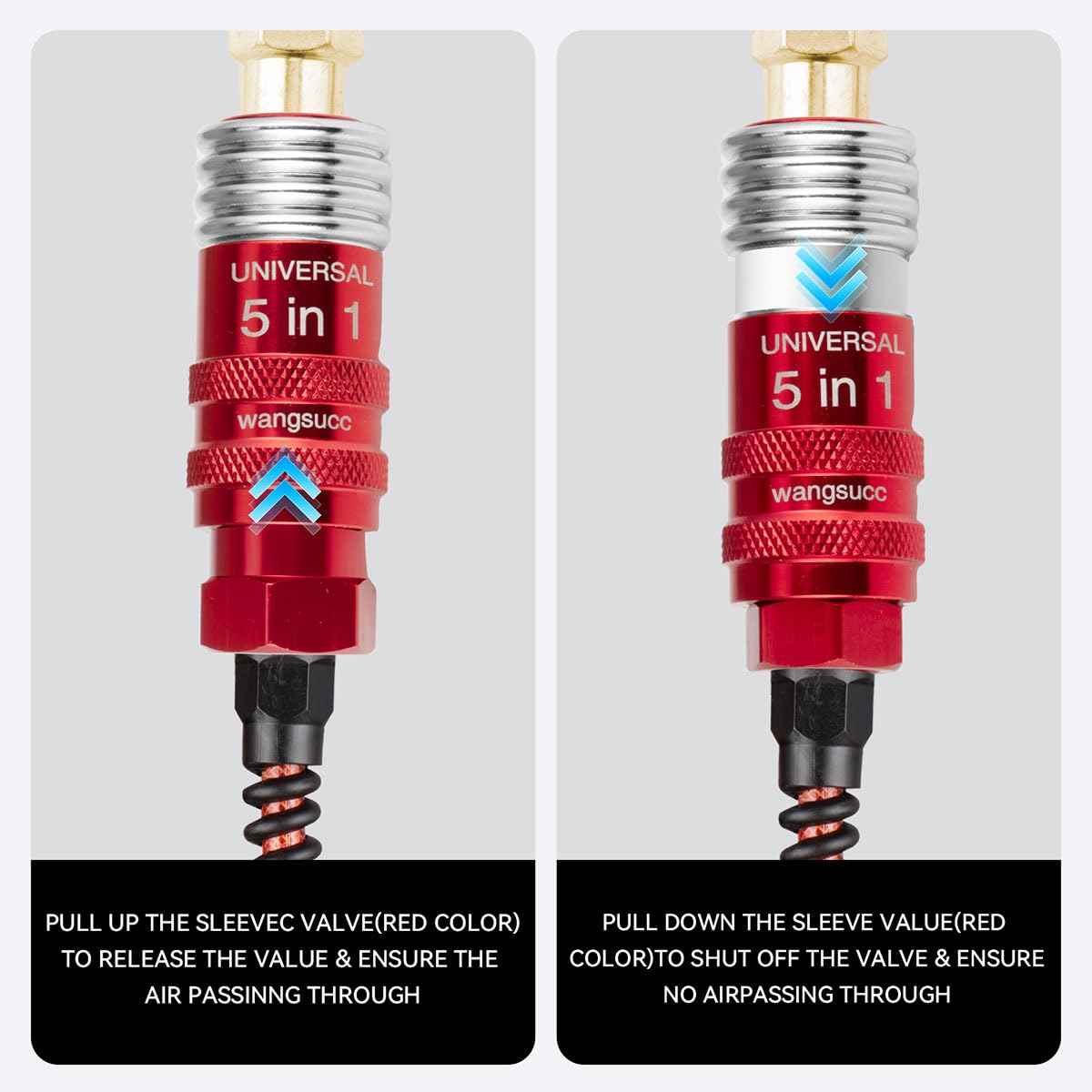Wangsucc 1/4 In × 25 ft Heavy Duty Polyurethane Recoil Air Hose, Bend Restrictors Compressor Hose with 5 IN 1 Universal Coupler, Lightweight, Coiled PU Air Hose 1/4'', (Gery)