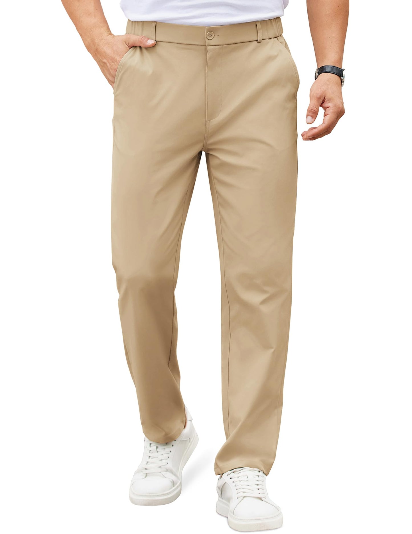 COOFANDY Mens Casual Dress Pants Relaxed Fit Lightweight Slacks Classic Stretch Twill Work Pants Khaki