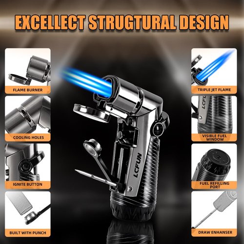 LcFun Torch Lighter Windproof Triple Jet Flame Butane Lighter with Punch and Draw Enhancer, Refillable Lighters for Camping Hunting Valentines Day Gifts for Him -BUTANE NOT INCLUDED