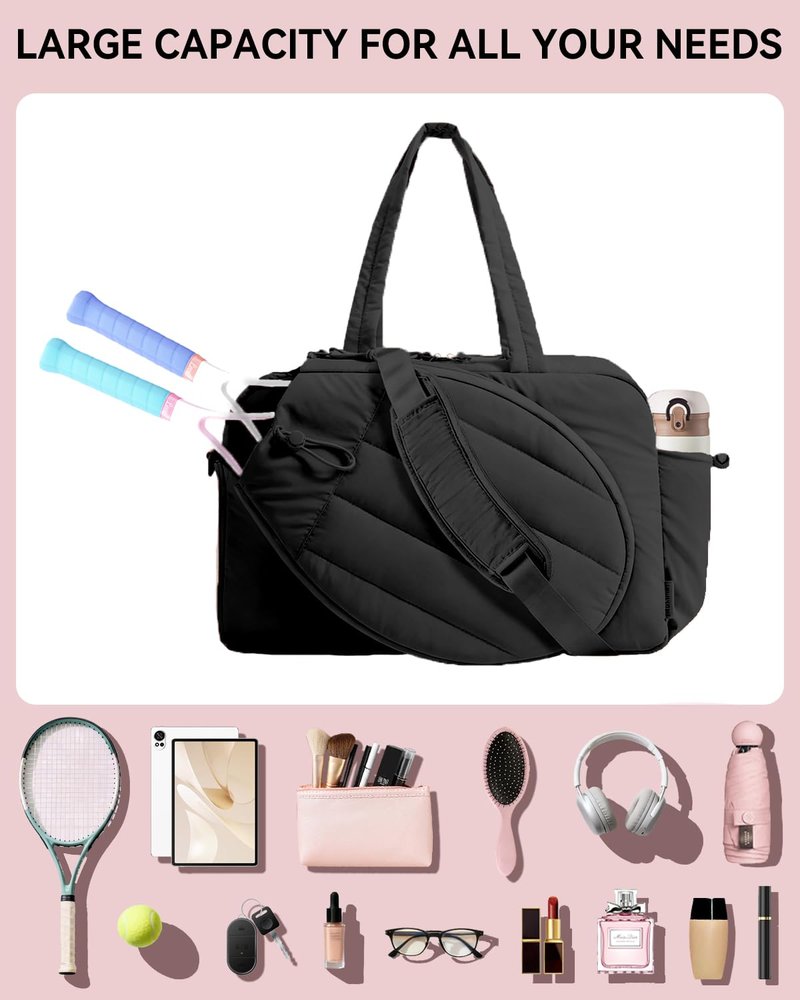 Tennis Tote Bag for Women – Waterproof Lightweight Travel Gym Bag with Shoulder Strap, Holds 2 Rackets, Pickleball & Badminton Bag with Shoe Compartment, Wet/Dry Separation, Fits 15.6" Laptop, Black