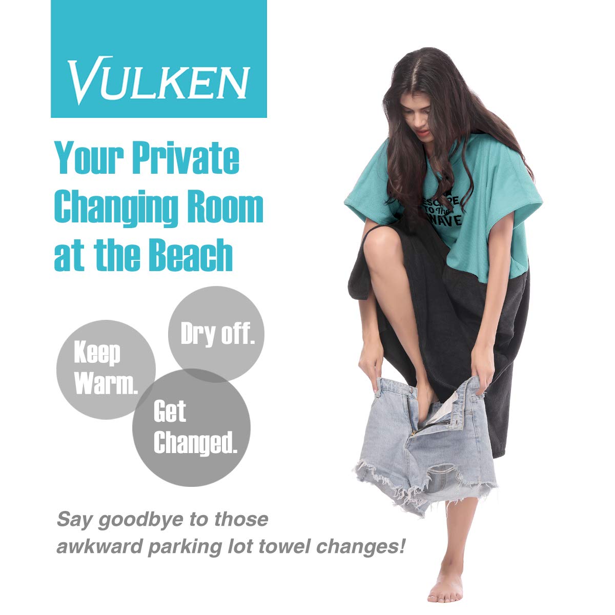Vulken Extra Large Teal Blue Thick Hooded Beach Towel Changing Robe. Surf Poncho Women for Easy Change in Public. Quick Dry Microfiber Toweling for The Beach, Pool, Lake, Water Park. S/M