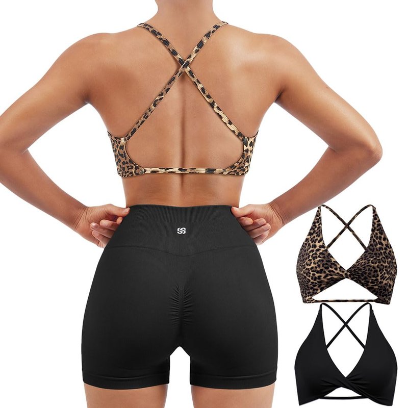 SUUKSESS Women 2 Piece Open Back Strappy Sports Bra Pack Twist Front V Neck Padded Workout Crops (#2 Cheetah & Black, M)