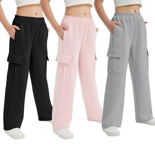 EXARUS 3 Pack Girls Cargo Sweatpants Baggy Swaet Pants for Girls Wide Leg High Waisted Elastic Waistband Causal Pant Daily Heather Black Gery Pink 12Y