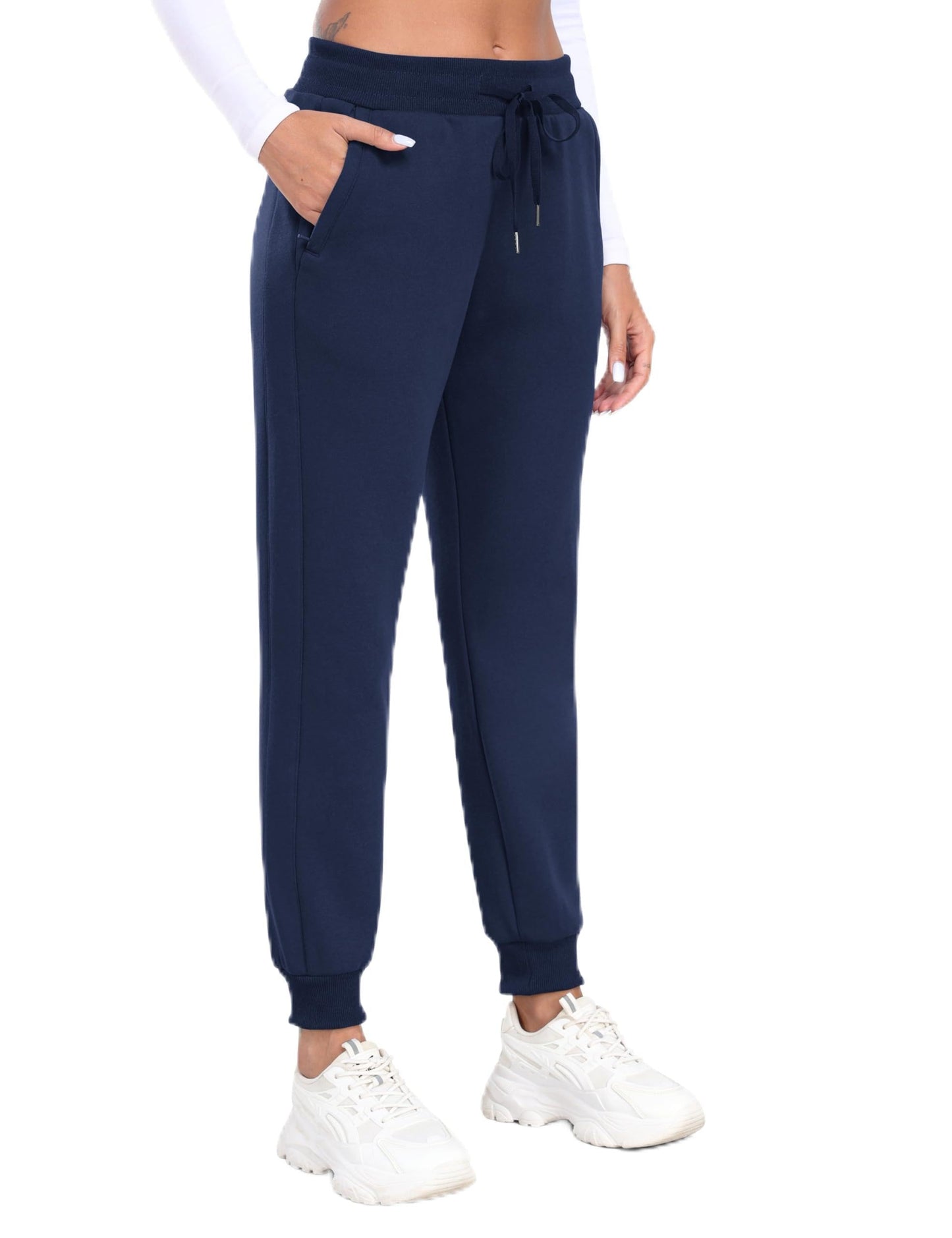 MoFiz Women's Fleece Lined Joggers Thermal Hiking Pants Elastic Waisted Water Resistant Cold Weather Sweatpants with Zipper Pockets Navy L