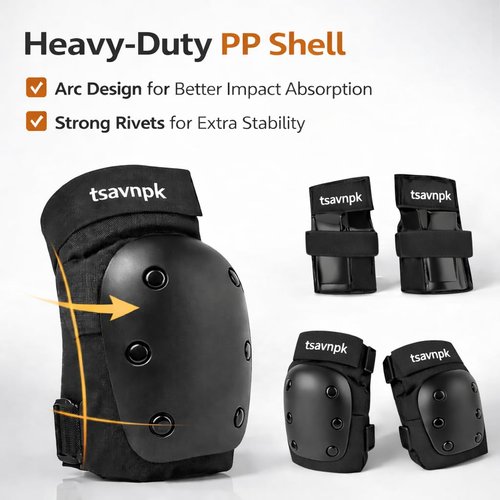 Adult Knee and Elbow Pads Set with Wrist Guards – Skateboarding Protective Gear for Adults, Adjustable Protective Pads for Roller Skating, BMX, Cycling (Black)