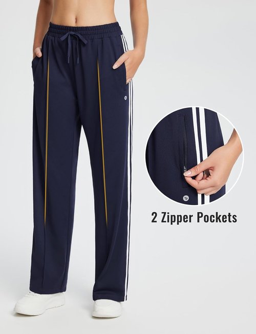 Baleaf Women's Athletic Track Pants - Straight Leg Sweatpants with Zipper Pockets | Loose Fit, Striped Design