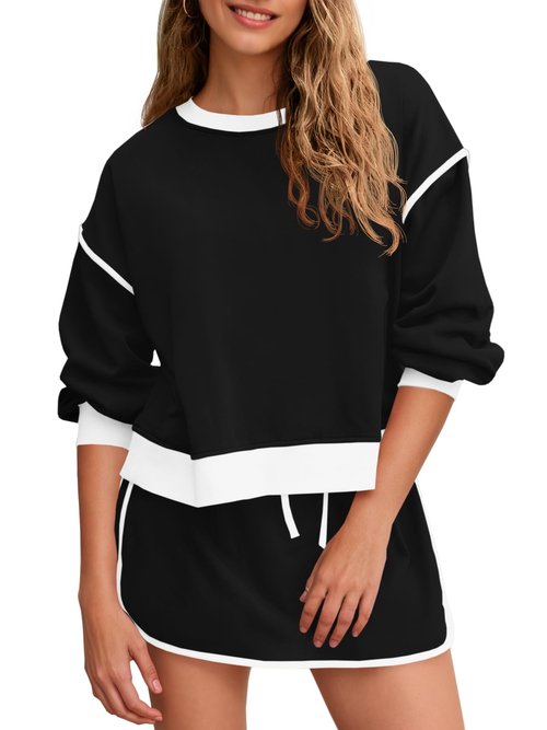 Fisoew Womens Shorts Sets 2 piece outfits Casual Crewneck Sweatshirts High Waisted Skort Skirts Sets Activewear Sets