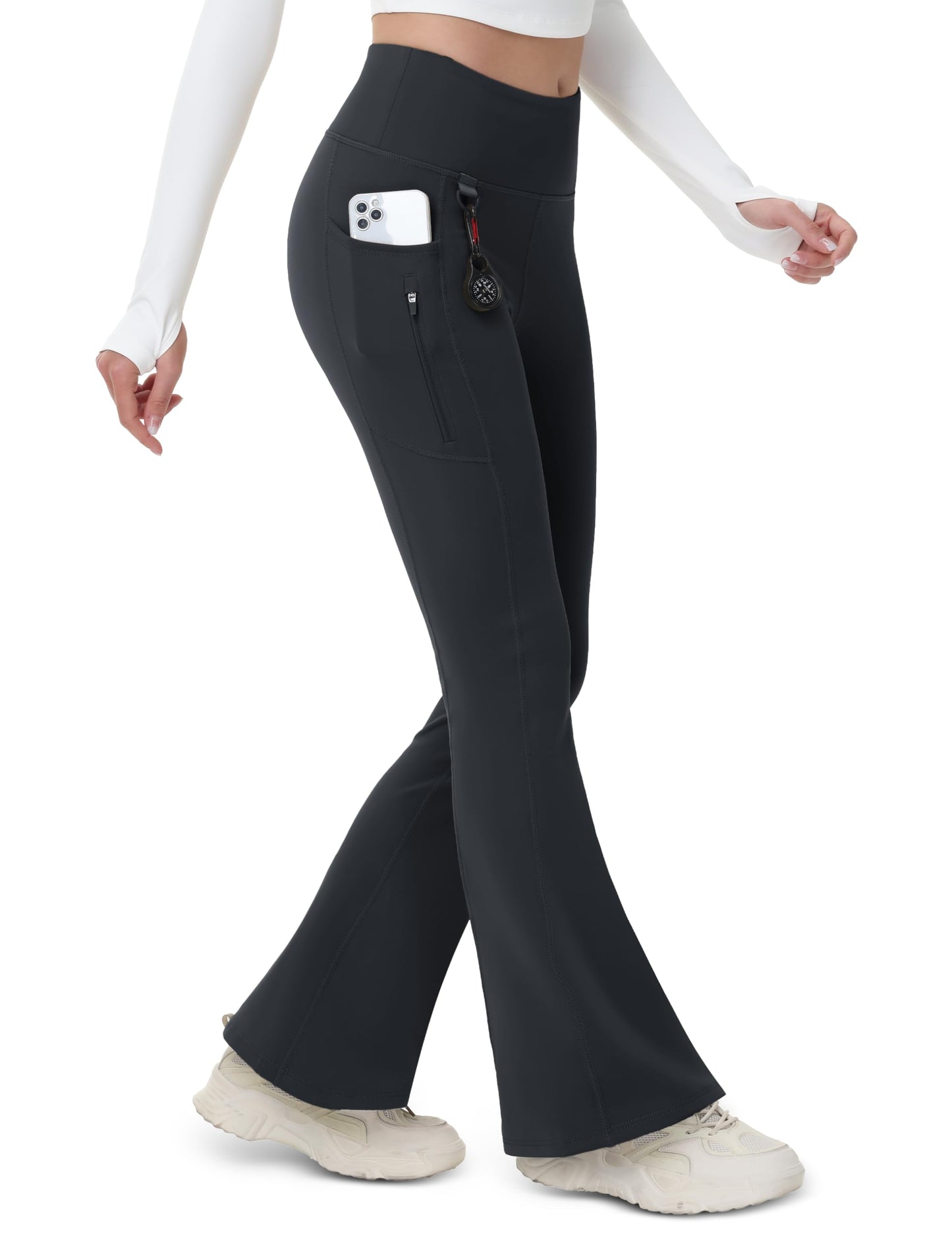 MAGCOMSEN Womens Fleece Lined Leggings Waterproof Insulated Hiking Pants Cold Weather Warm Flare Leggings Snow Black L