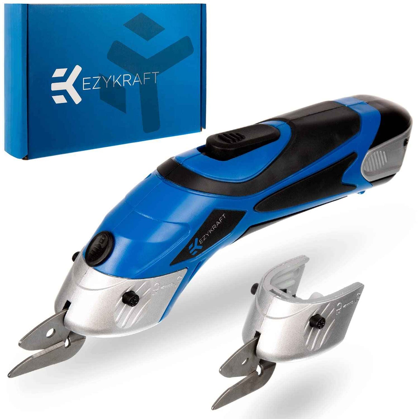 Cordless Electric Scissors for Cutting Fabric - Multifunctional Craft & Cardboard Scissors With Stainless Steel Blades & Replacement- 3.6V Lithium Ion Battery - Includes Charging Cable - Blue/Black