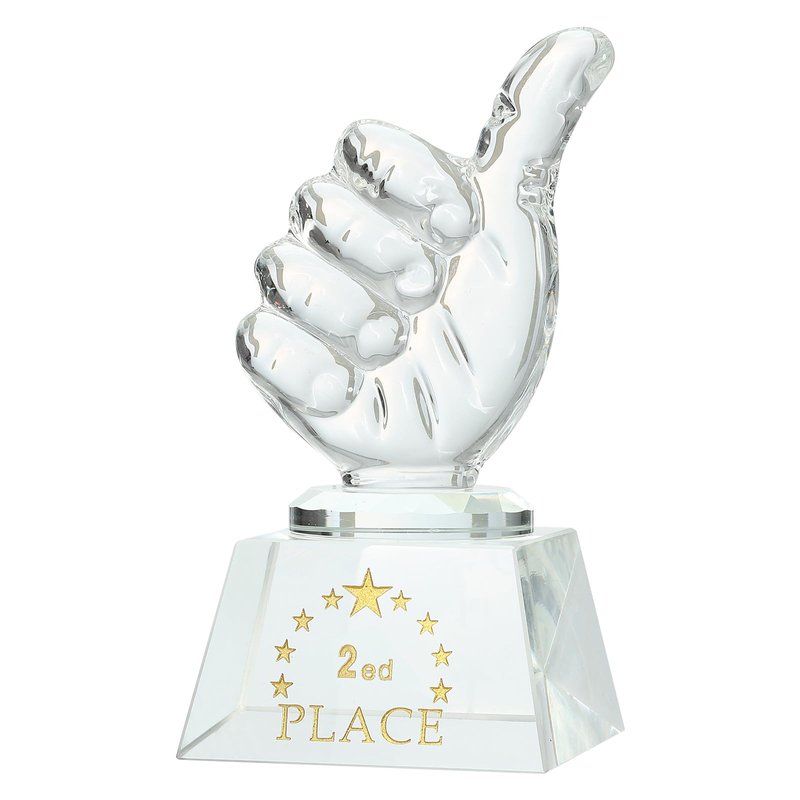 MECCANIXITY Crystal Glass Trophy Thumbs Up, 2ed Place Winner Trophies Award with Box for Desktop Table Decor Tournaments Sports Competitions Paperweight, Clear White Base