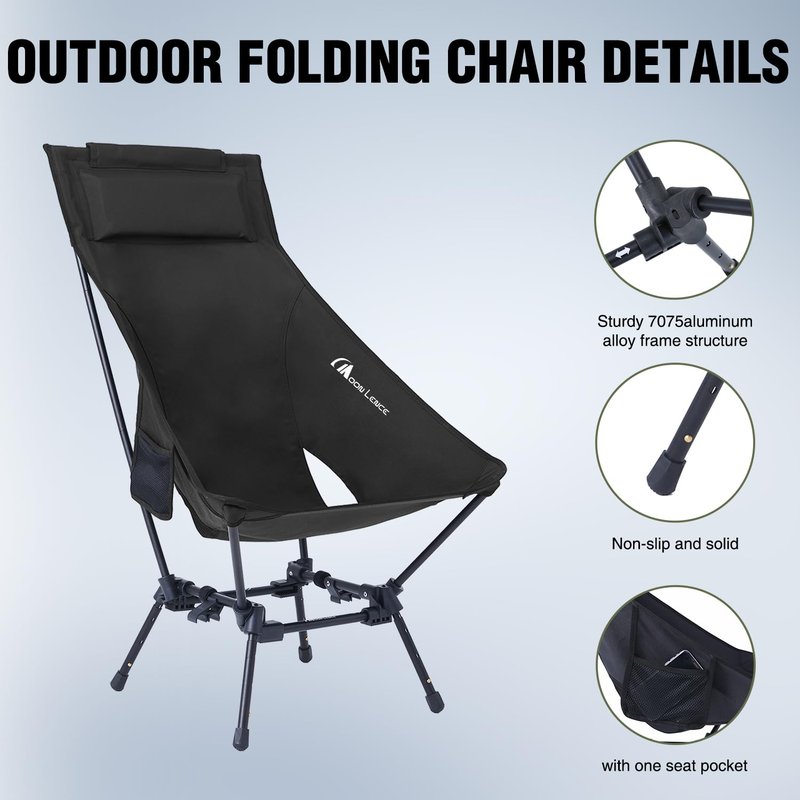 MOON LENCE Folding Portable High Back Camping Chairs for Adults, Adjustable Oversize Lightweight for Beach Hunting Hiking Backpacking (Black with Anti-Sinking Feet)