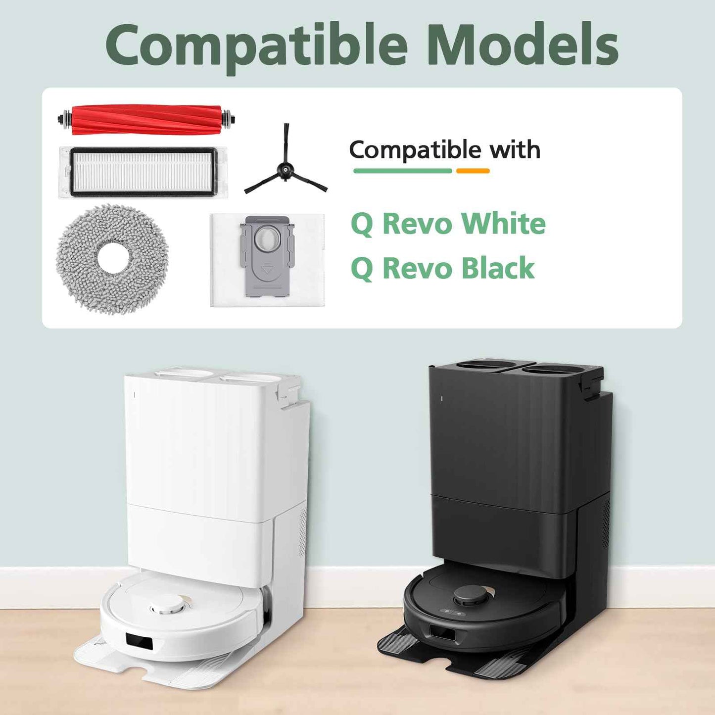 15 Pack Replacement Parts for Q Revo Robot Vacuum, Q Revo Accessory Replacement Kits (1 Rolling Brush + 2 HEPA Filters + 2 Dust Bags + 4 Mop Pads + 4 Side Brushes)