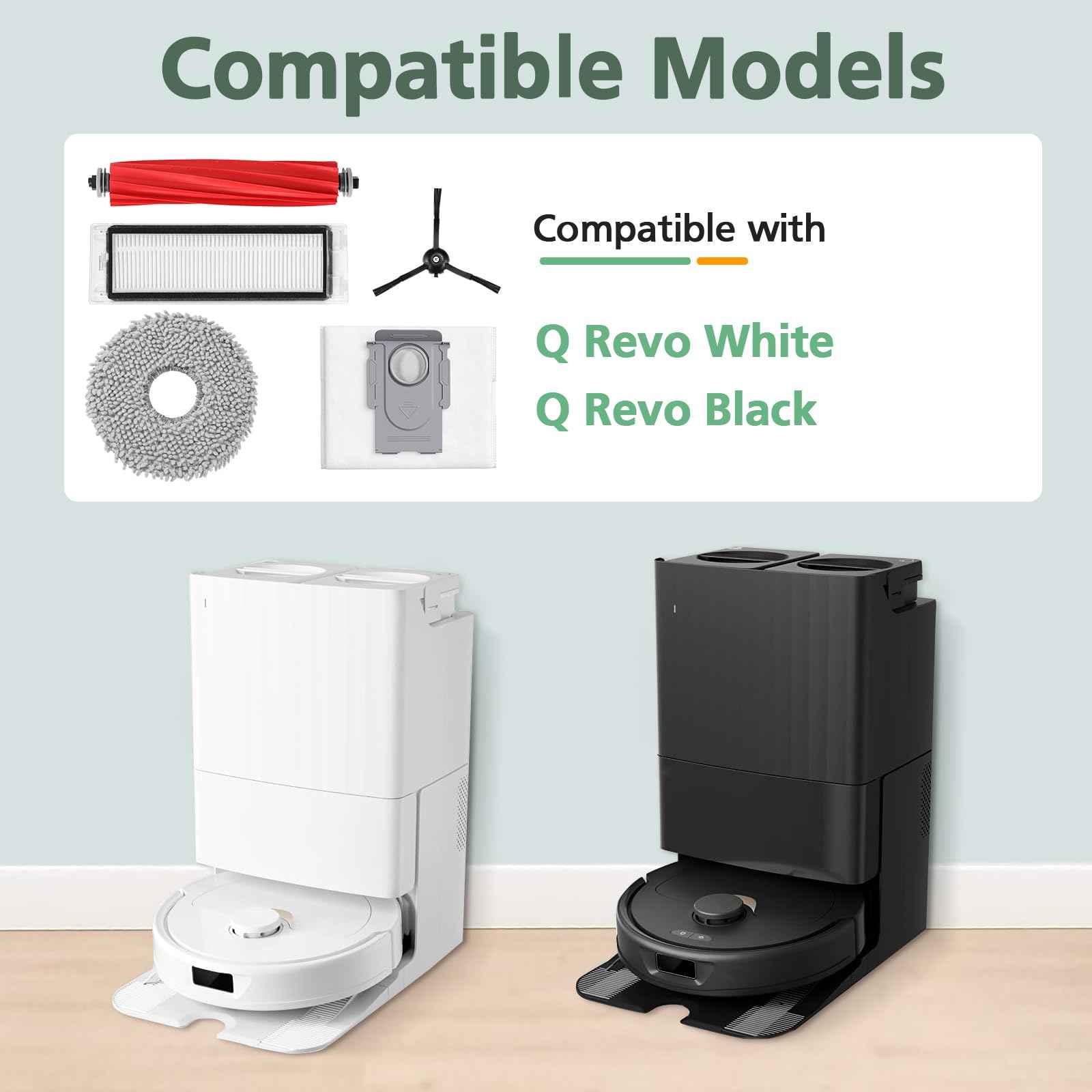 15 Pack Replacement Parts for Q Revo Robot Vacuum, Q Revo Accessory Replacement Kits (1 Rolling Brush + 2 HEPA Filters + 2 Dust Bags + 4 Mop Pads + 4 Side Brushes)