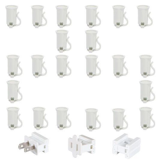 Encoidoz 25PCS C7 E12 Replacement Bulb Sockets & 1PC Vampire Plugs & 1 Wire Connector, C7 White Light Socket SPT-1 Christmas String Light Replacement Lamp Holder(E12, White, SPT-1)