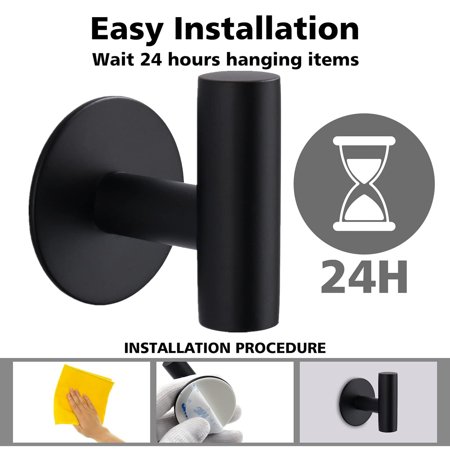 Bntuk Adhesive Towel Hooks, Heavy Duty Wall Hooks Stainless Steel Waterproof Shower Towel Hooks, Coat Hook for Hanging Clothes, Adhesive Hooks for Bathroom, Glass Window- 4 Pack, Black