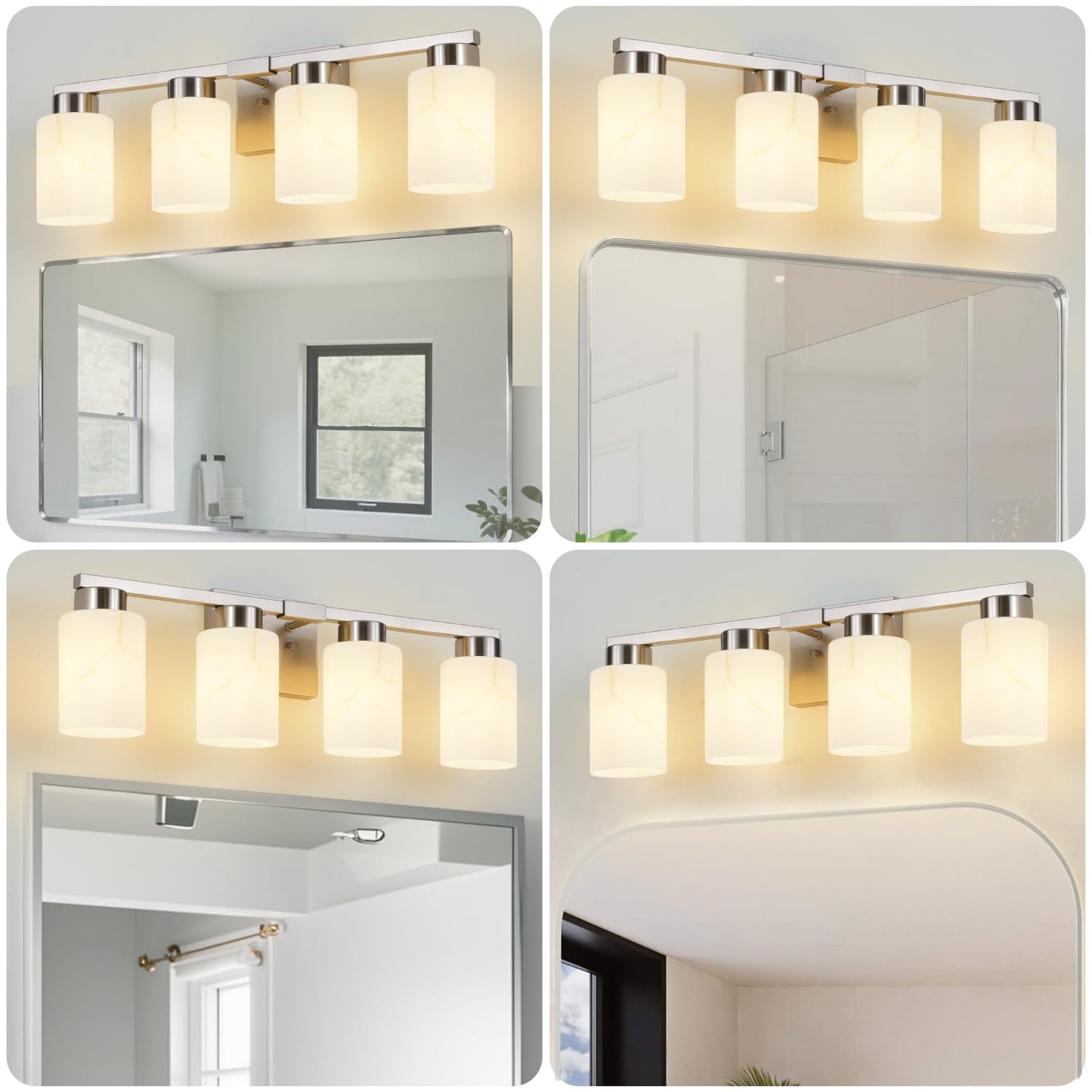 Mieloxiy 4-Light Bathroom Light Fixtures, Modern Vanity Lights, Brushed Nickel Metal Wall Lamp with White Marble Glass for Bathroom, Mirror, Living Room, Bedroom, Cabinet, Porch, Hallway, E26 Base